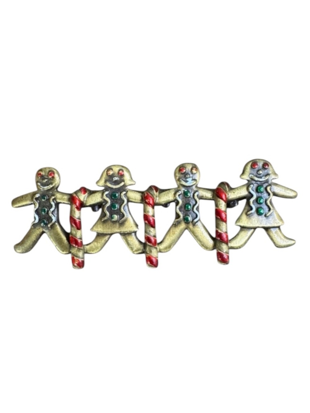 JJ Jonette Jewelry Gingerbread Candy Cane Brooch Pin Gold Red Green